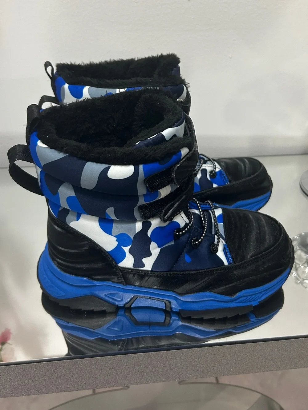 Kids Snow Boots EU 35 Blue Camo Faux Fur Winter Boots Like New